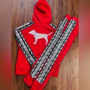VS PINK RED BLING HOODIE / SWEATPANTS OUTFIT M